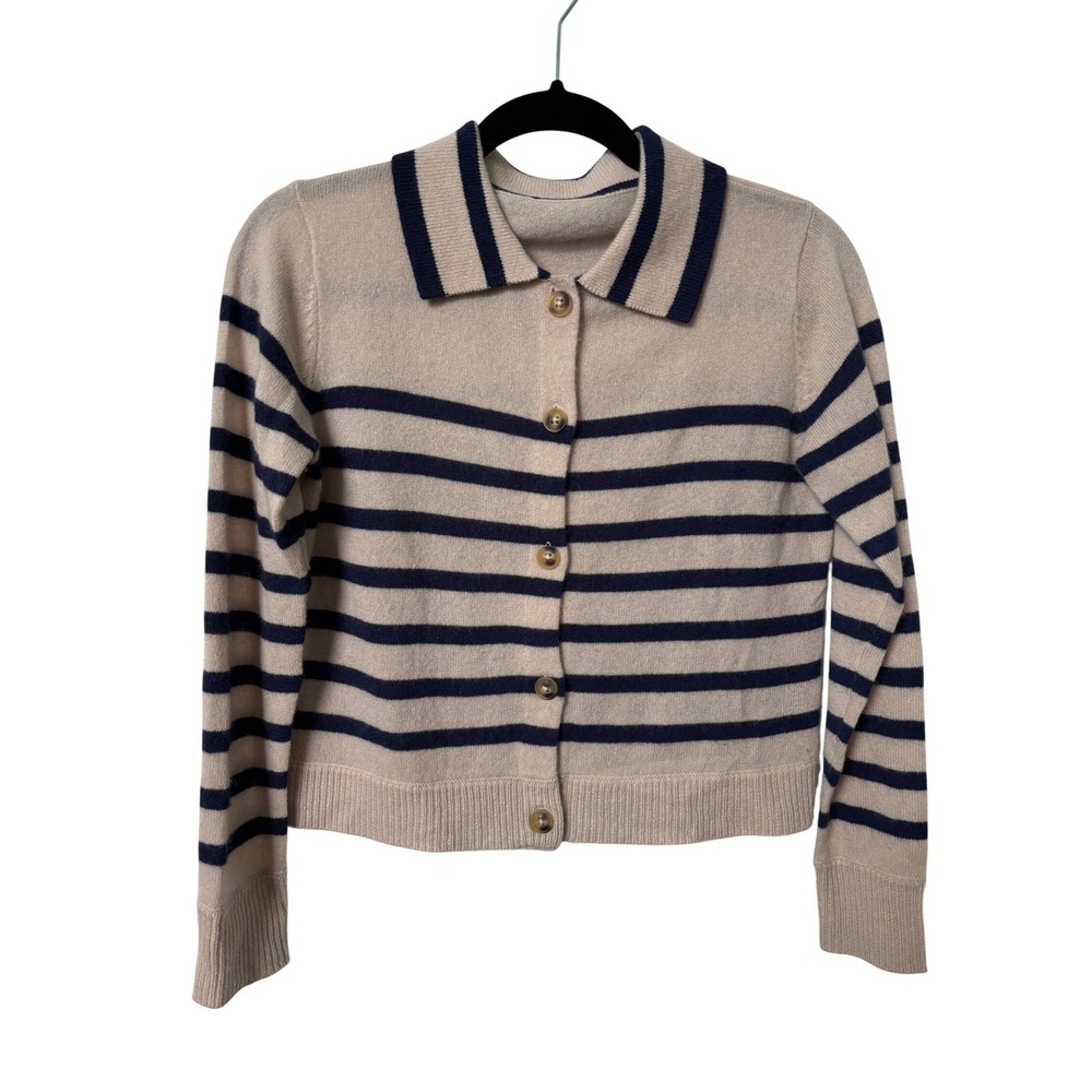 Frame Mariner Collared Cashmere Cardigan Beige Navy Blue Button Front Sweater